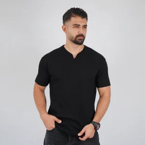 تیشرت مشکی یقه کوبایی مردانه مدل Sorad
